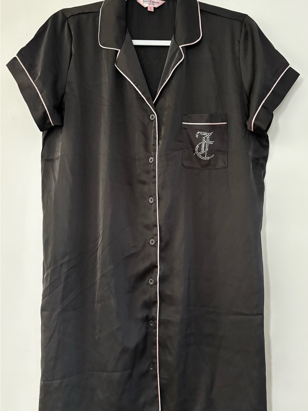 Juicy Couture Black Satin Button-Front Nightshirt with Pink Piping